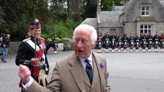 King Charles III welcomed to Balmoral Castle in Scotland by Royal Guard from Balaklava Company 2024