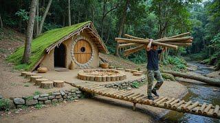 It Took Me 20 Days to Build a Wood, Stone Bushcraft Shelter - Clay Fireplace