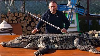 CROCODILE MEAT on a CHARCOAL GRILL, GRILLED CROCODILE MEAT.