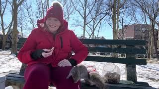 Squirrel whisperer Cynthia in the park feeding the squirrels