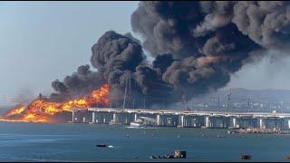 First footage, Ukrainian F-16 fighter jets destroy Crimean bridge. Russia surrenders!!