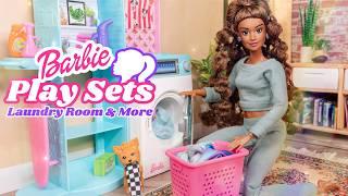 Barbie World Play Sets : Laundry Room, Birthday Party Table , Sports Rack , Doctor’s Stuff