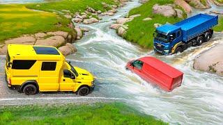 Cars vs Fast Flowing River and Fire Speed Bump  BeamNG Drive