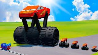 Big & Small Monster Truck Wheels Lightning McQueen Cybertruck VS The Tank Engine Train BeamNG.drive