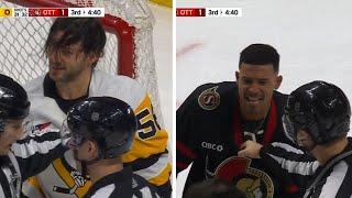 Kris Letang and Mathieu Joseph exchange words