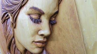 Wood carving: Carving and staining female face. Time Lapse