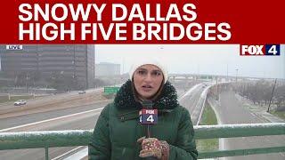 Snow falls on Dallas High Five Interchange