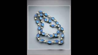 Vintage Art Deco Bezel Set Blue Crystal & Glass Pearl Rope Necklace 45" Length