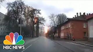 Dashcam Video Captures Explosions In Street In Chernihiv, North Ukraine