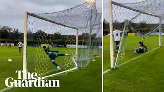 Goalkeeper pulls off amazing save despite getting his foot trapped in the net