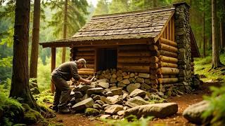 Hidden and Warm House in the Forest Made of Logs and Stones