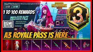 A3 ROYALE PASS 1 TO 100 REWARDS FIRST LOOK - BEST ROYAL PASS TILL DATE , BGMI RELEASE DATE ( BGMI )