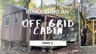Woodys Off Grid Cabin WEEK 2, plumbing off grid with IBC totes & a DIY water tower in the Ozarks