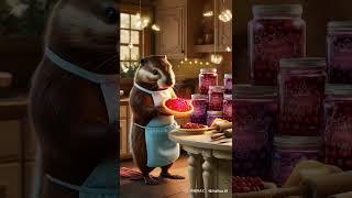 A determined beaver assembling a glowing berry pie in a kitchen lit by softly glowing fireflies.