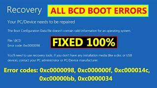 How to Fix Error Code 0xc0000098 in Windows 10/8/7 | Boot Configuration Data BCD File is Missing