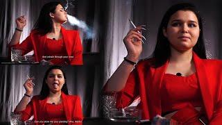 Lady in red Nastya is smoking and giving an interview