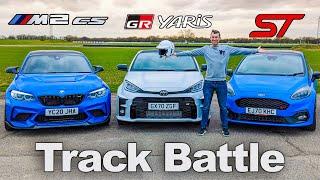 GR Yaris v BMW M2 CS v Fiesta ST - TRACK BATTLE and 0-60mph 1/4 mile test: AWD v RWD v FWD!