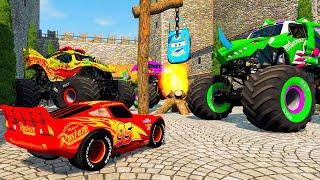 Epic Escape: Lightning Mcqueen rescue King Dinoco vs 3 Big Monster Trucks #1 BeamNG.Drive