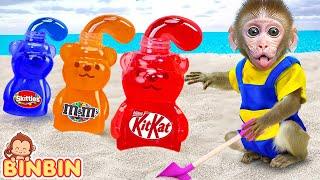 Monkey Binbin Goes Fishing Rainbow Jelly And Swims in the Pool with Funny Animal | MONO BINBIN ESP