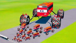 Big & Small Long Bus Spider Lightning McQueen Thorns Monster Truck vs Thomas the Train BeamNG.drive