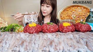 SUB) 호래기회 2kg & 육회 1kg 후식으로 호래기라면3봉 &육회비빔밥 김치 먹방 Raw baby octopus Beef Ramen REAL SOUND ASMR MUKBANG