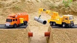 Crane, Excavator Truck and Roller Road Construction Repair Road | Tractor Wheel Fall on Road Story