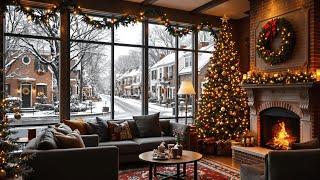 Cozy Christmas Coffee Shop Ambience ️Relaxing Christmas Jazz Music & Crackling Fireplace to Relax