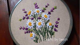 Daisy & Lavender flowers Hand embroidery for beginners | Satin stitch | Lazy Daisy stitch Lesson 44