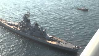 USS Iowa (BB-61) arrives in San Pedro, Aerial view of the battleship.