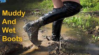 Knee high boots in very deep mud and swamp, boots stuck in mud, wetlook girl, abused boots (vol.62)