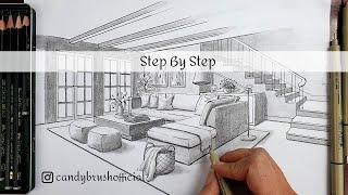 How to Draw A Living Room In Two Point Perspective | Step By Step