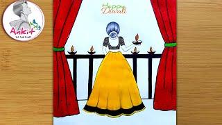 Beautiful Diwali Drawing Easy/ Diwali Festival Scenery Drawing  Easy For Beginners