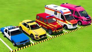 CHEVROLET, AUDI, VOLKSWAGEN POLICE CARS & MERCEDES AMBULANCE VEHICLES TRANSPORTING ! FS22