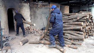 The process of making eco-friendly charcoal. White coal processing factory in South Korea