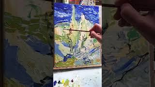 Painting a Van Gogh landscape study in art studio acrylic painting on canvas