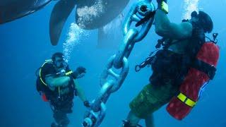 Skilled US Navy Divers Perform Scary Propeller Inspection Underwater