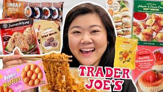 Trying NEW ASIAN FOOD at TRADER JOE'S 2024! (kimbap, bubble waffles, boba mochi, noodles + more)