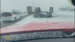 Oakville: Multi vehicle crash on the QEW caused by ongoing snowfall 3-10-2023