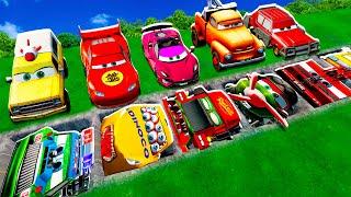 Mega pits with McQueen and Pixar Cars Vs Big & Small Lightning McQueen! BeamNG Drive Battle!