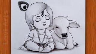 How to draw Krishna with Cow | Krishna drawing | Easy drawing step by step | pencil Sketch