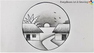 ⭕How to draw a Village Nature Scenery in Circle⭕ Pencil Drawing