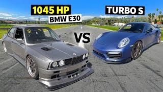 Big Budget Builds race No-Prep! 1045hp Widebody Twin Turbo E30 vs 980hp Methanol-fueled 991 Turbo S