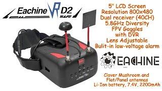 Eachine VR D2 5" FPV Goggles, Dual receiver 40Ch, 5.8GHz, DVR, Diversity, Voltage alarm, Lens adjust