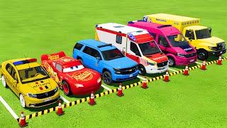 TRANSPORTING POLICE CARS, MCQUEEN CAR, AMBULANCE EMERGENCY VEHICLES WITH TRUCKS ! FS22