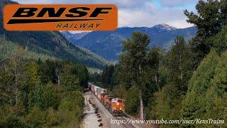 BNSF Eastbound Z Train glides downgrade on the east slope of Stevens Pass, near Merritt, Washington