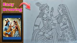 Radha Krishna playing Holi Drawing,  Radha Krishna Drawing, Outline Tutorial 