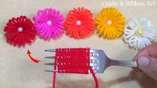 Amazing Woolen Flower Making Ideas with Fork - Hand Embroidery Easy Trick - No Crochet Yarn Flowers