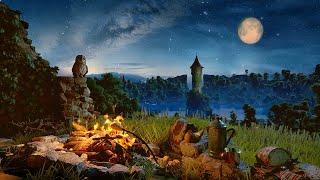 Enchanting Nighttime Ambience: Medieval Cozy Spot by the Campfire for Resting with a Starry Sky 