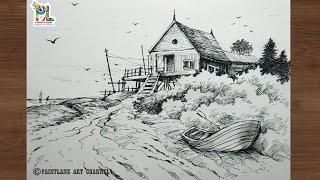 Landscape drawing with normal black pen || PAINTLANE || Pen drawing video