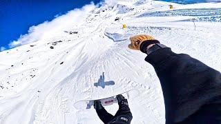 POV: Snowboarding fast and riding park 